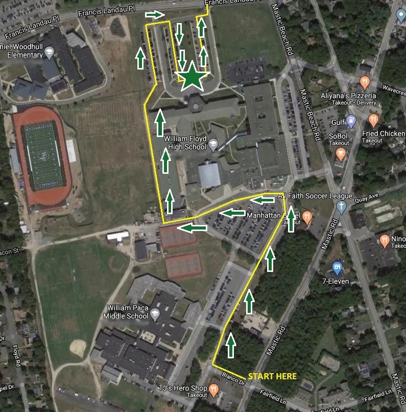 The drive-up graduation route for students in the William Floyd School District.